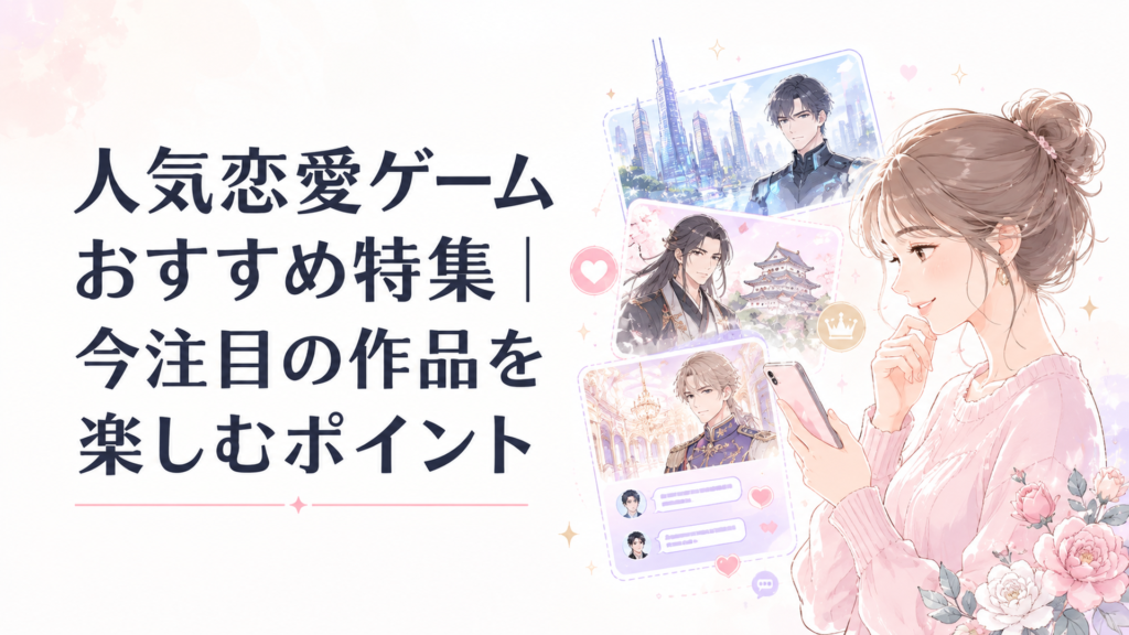 スマートフォンで人気恋愛ゲームを選ぶ女性と、近未来・戦国・王宮・チャットなど多彩な恋愛ゲームの世界