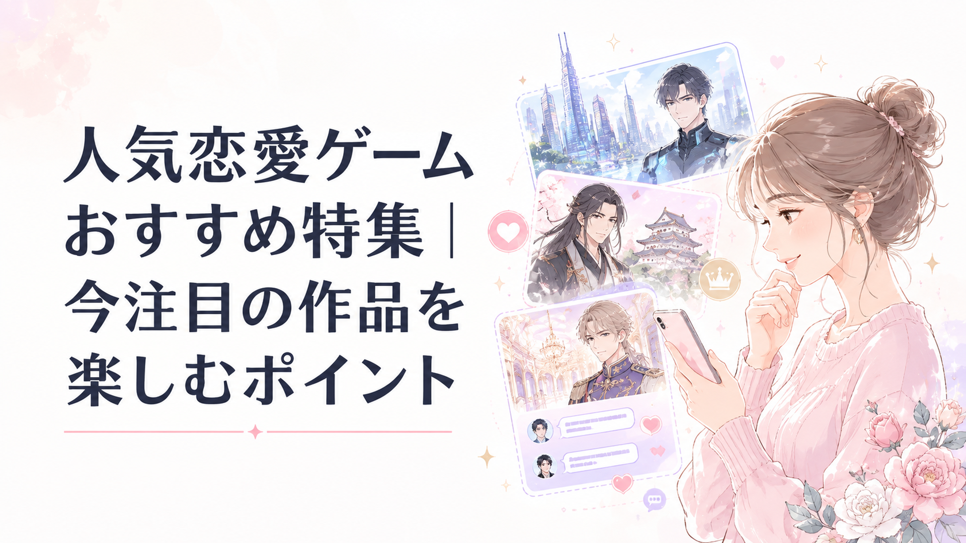 スマートフォンで人気恋愛ゲームを選ぶ女性と、近未来・戦国・王宮・チャットなど多彩な恋愛ゲームの世界